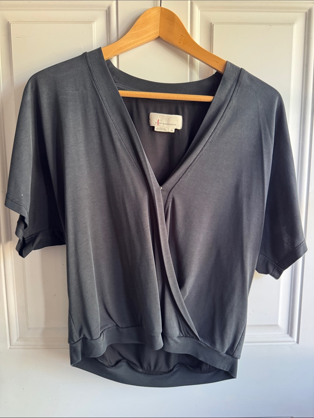 Anthropologie Charcoal Gray V-Neck Draped Short Sleeve Top
